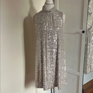 Vineyard Vines Silver Sequin Mock Neck Shift Mini Dress - Size Medium Flawed Gem